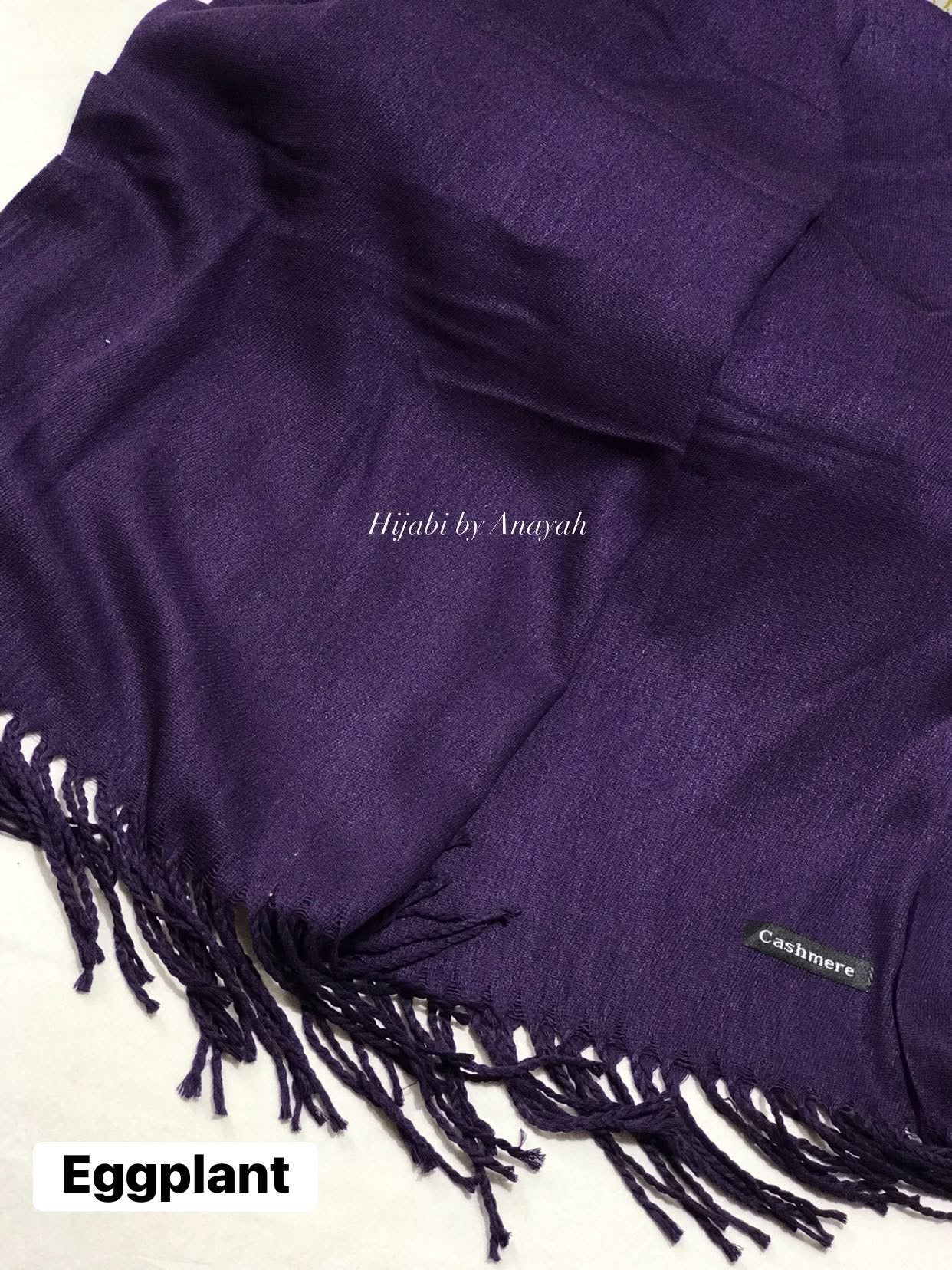 Eggplant purple hijab with fringes and 'Cashmere' label on a white background