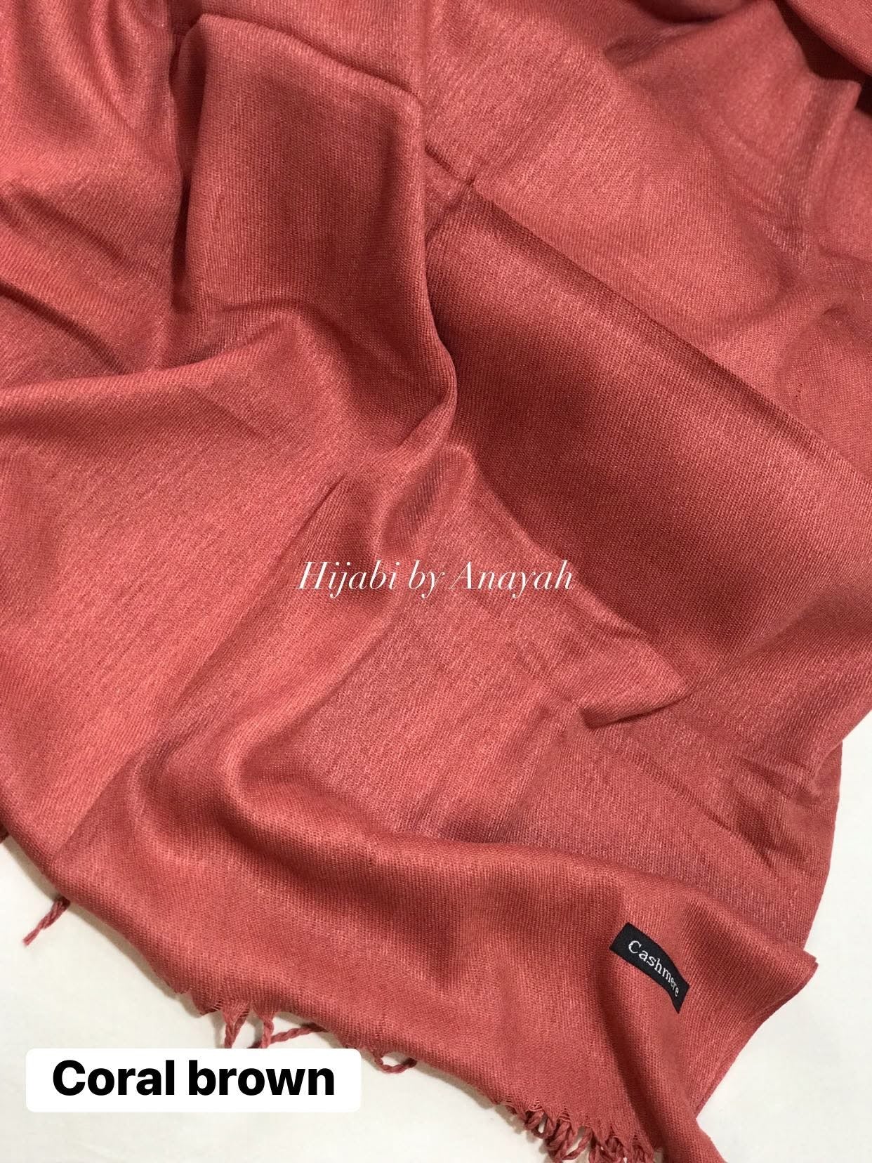 Coral brown hijab with 'Hijabi by Anayah' branding on a white background
